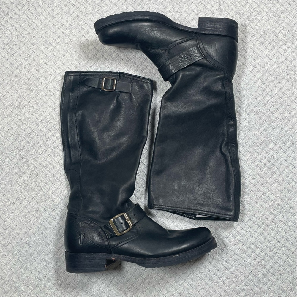 Frye VERONICA 77605 Black Leather Boot Tall Pull Riding Slouch Buckle Size 8B